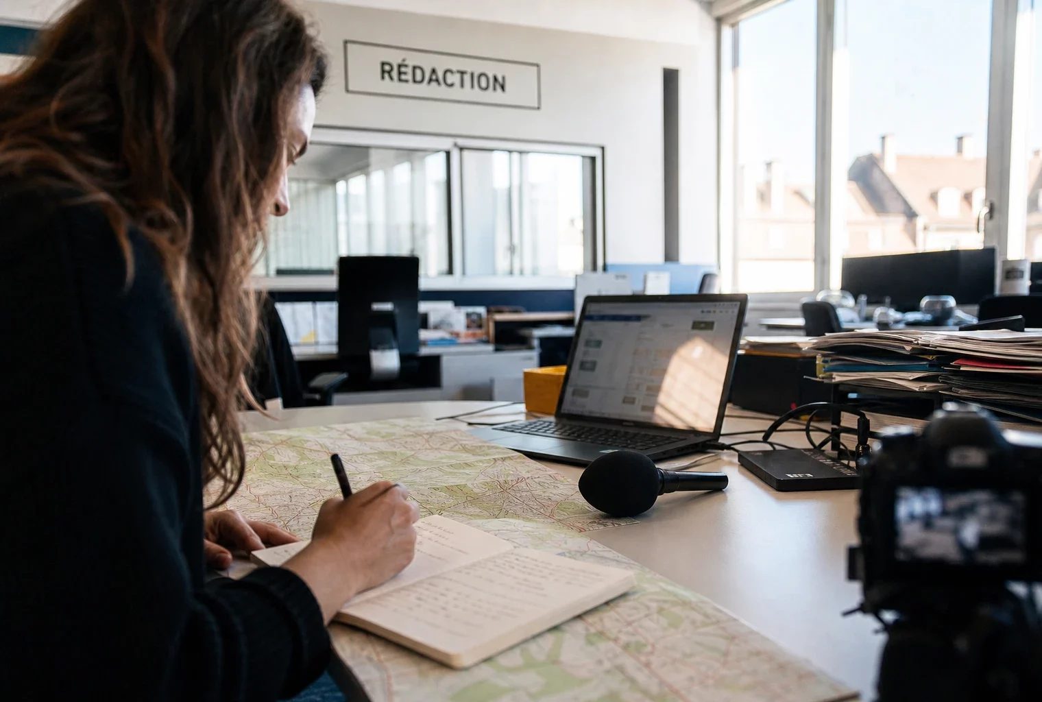 Un journaliste prépare un sujet climat dans une rédaction lumineuse avec carnet, carte floue et micro sans logo.