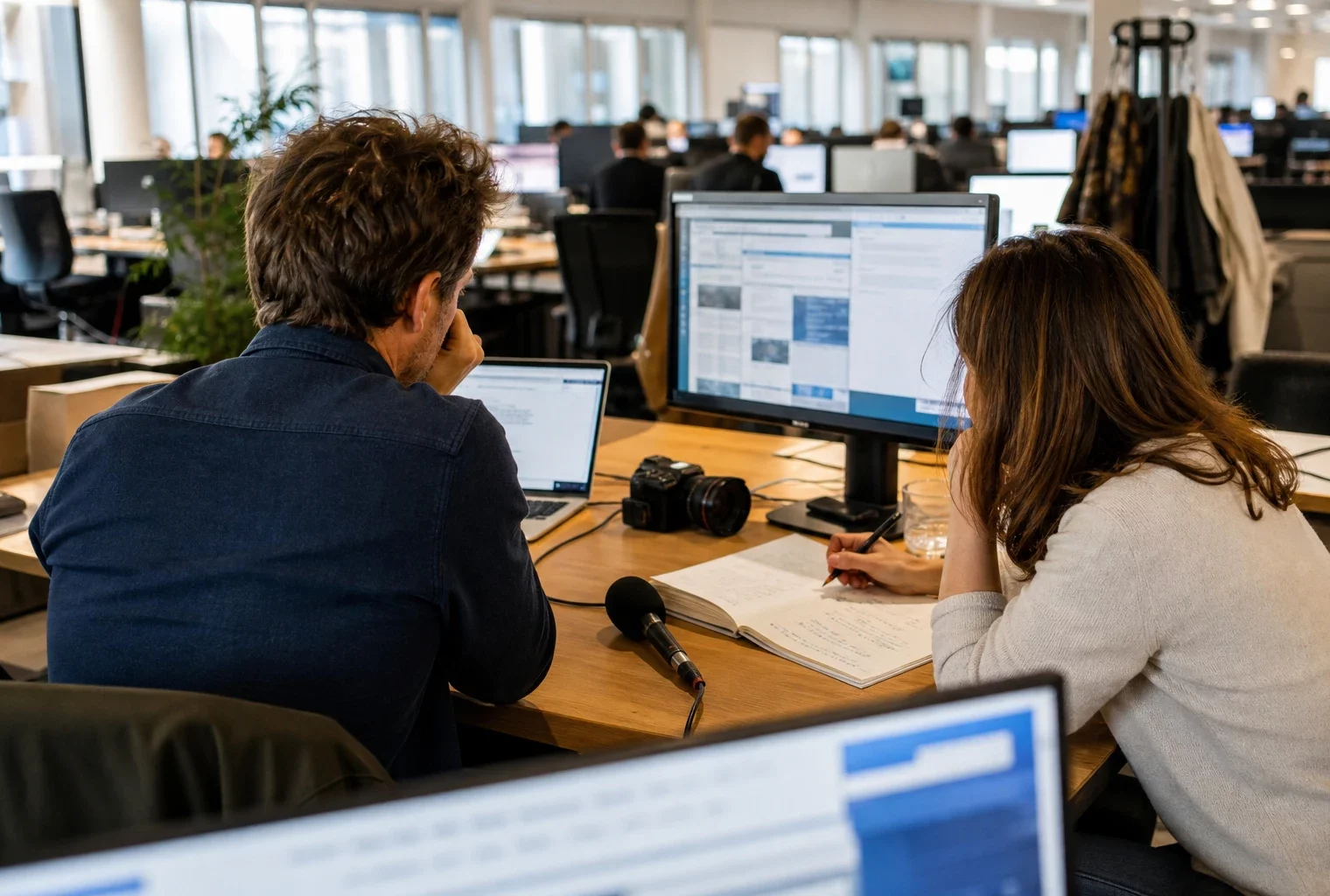 Rédaction française lumineuse avec micro, carnet et écrans flous préparant un sujet sur la chaleur et les politiques publiques