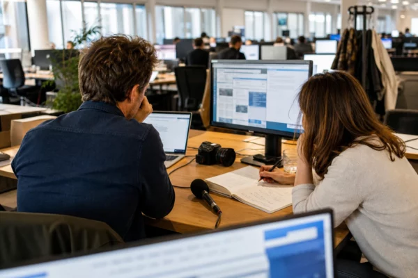 Rédaction française lumineuse avec micro, carnet et écrans flous préparant un sujet sur la chaleur et les politiques publiques