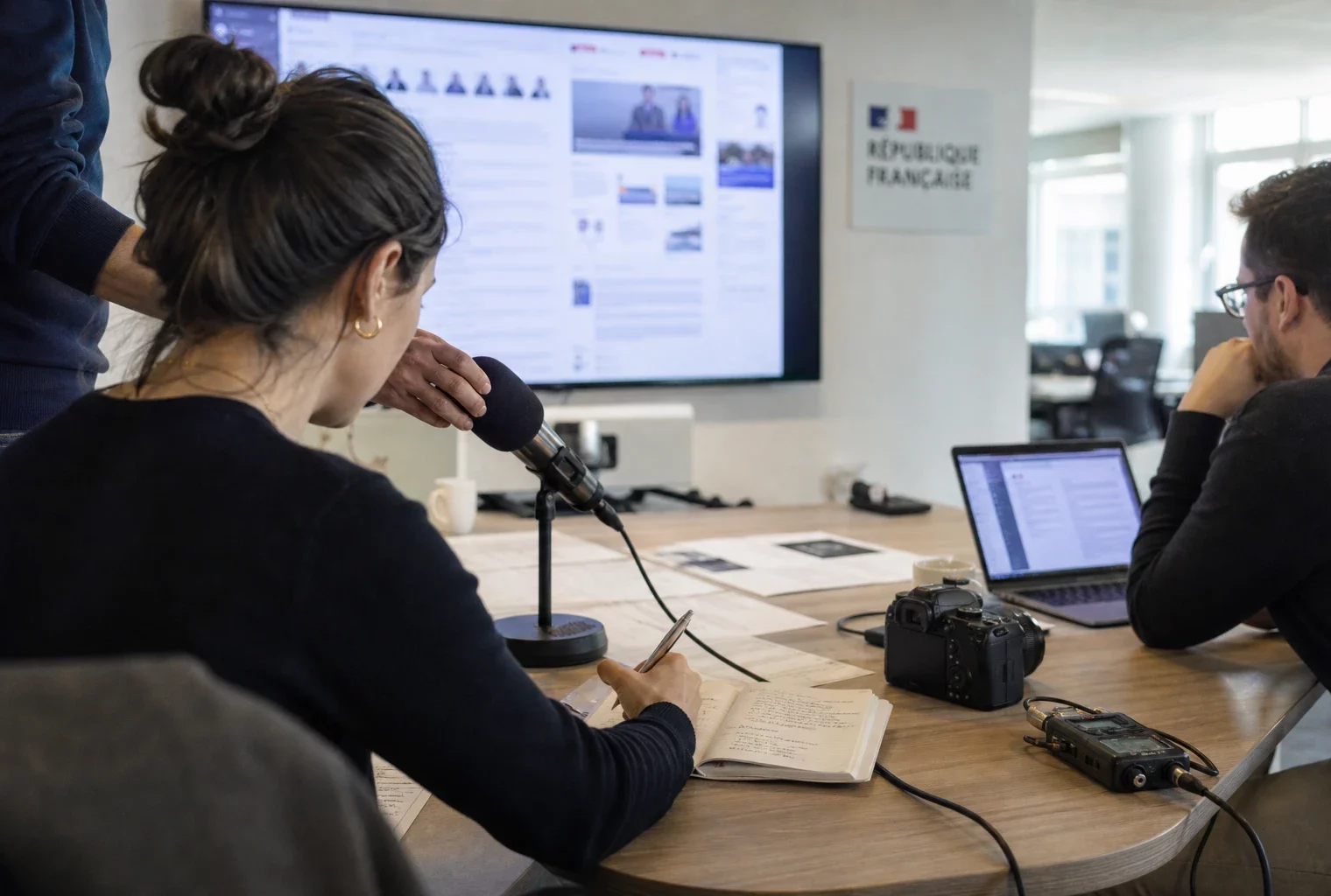 Rédaction politique lumineuse avec journaliste, micro et écrans flous préparant un sujet sur la Corse