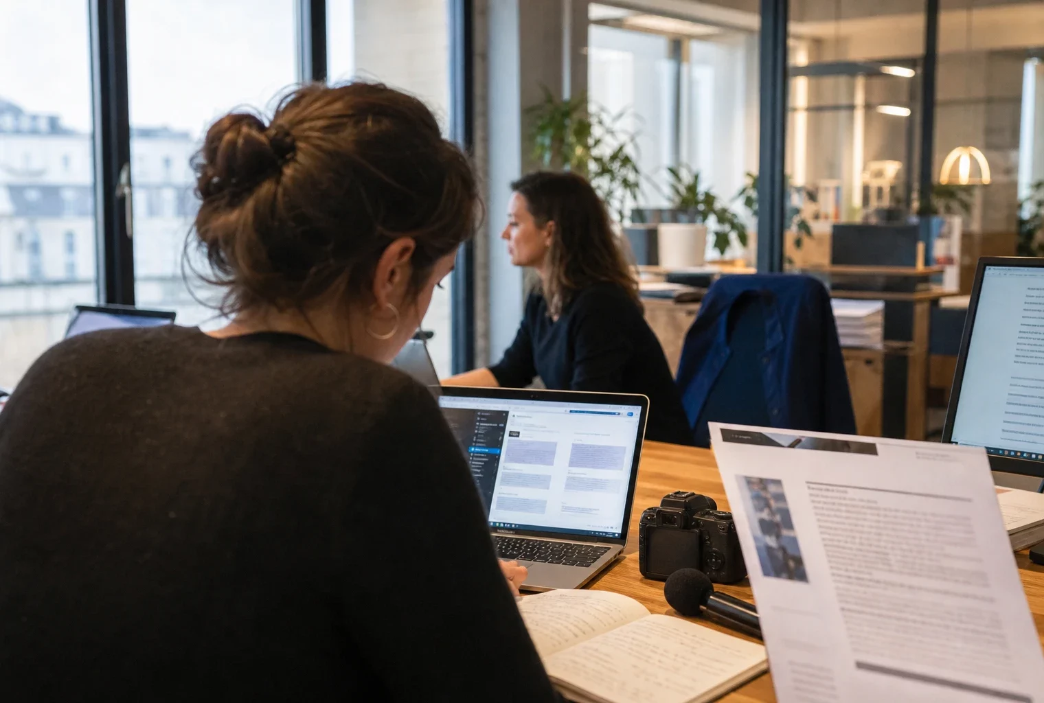 Journalistes dans une rédaction préparant un sujet sur la réforme constitutionnelle corse