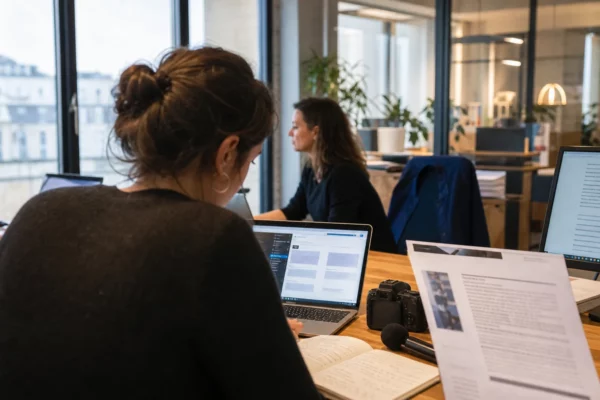 Journalistes dans une rédaction préparant un sujet sur la réforme constitutionnelle corse