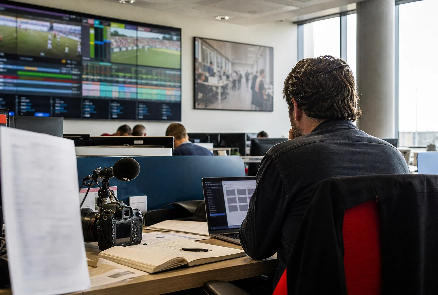 Rédaction française avec un journaliste, des écrans flous et du matériel de presse pour un suivi du Mondial 2026