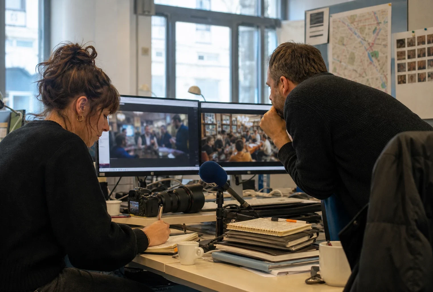 Dans une rédaction parisienne, des journalistes préparent un sujet sur un pub d’Édimbourg soutenant la Côte d’Ivoire.