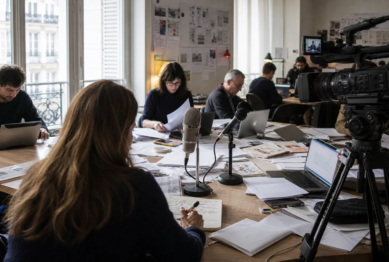 Des journalistes travaillent dans une rédaction française avec caméras, micros et écrans flous sur le débat fast-fashion.