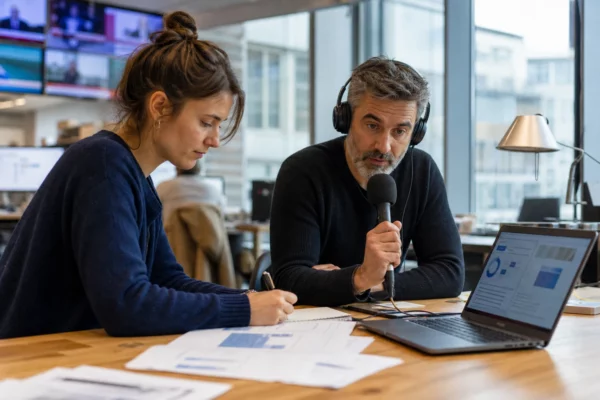 Une rédaction française prépare un sujet sur les finances locales autour d’un micro, d’ordinateurs et de notes.