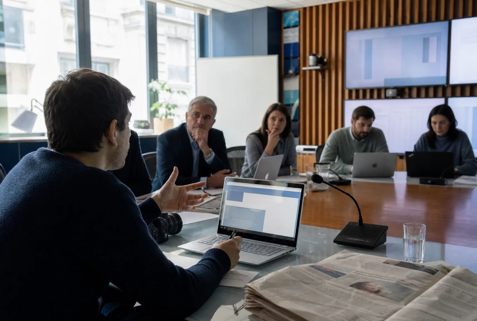 Réunion de rédaction dans une newsroom française lumineuse avec journaliste, écrans flous et matériel de presse.