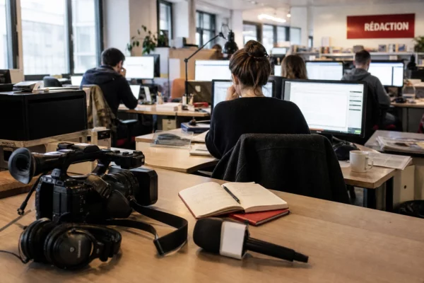 Journaliste de dos dans une rédaction française avec écrans flous, caméra et micro sur un bureau lumineux.