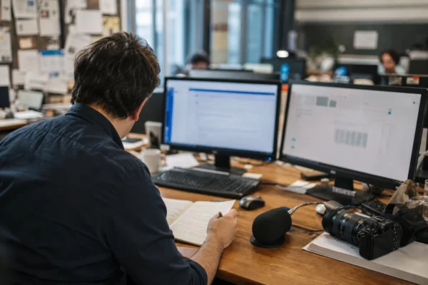 Rédaction française en activité avec journaliste, micro et écrans abstraits pour illustrer une réforme institutionnelle en Corse