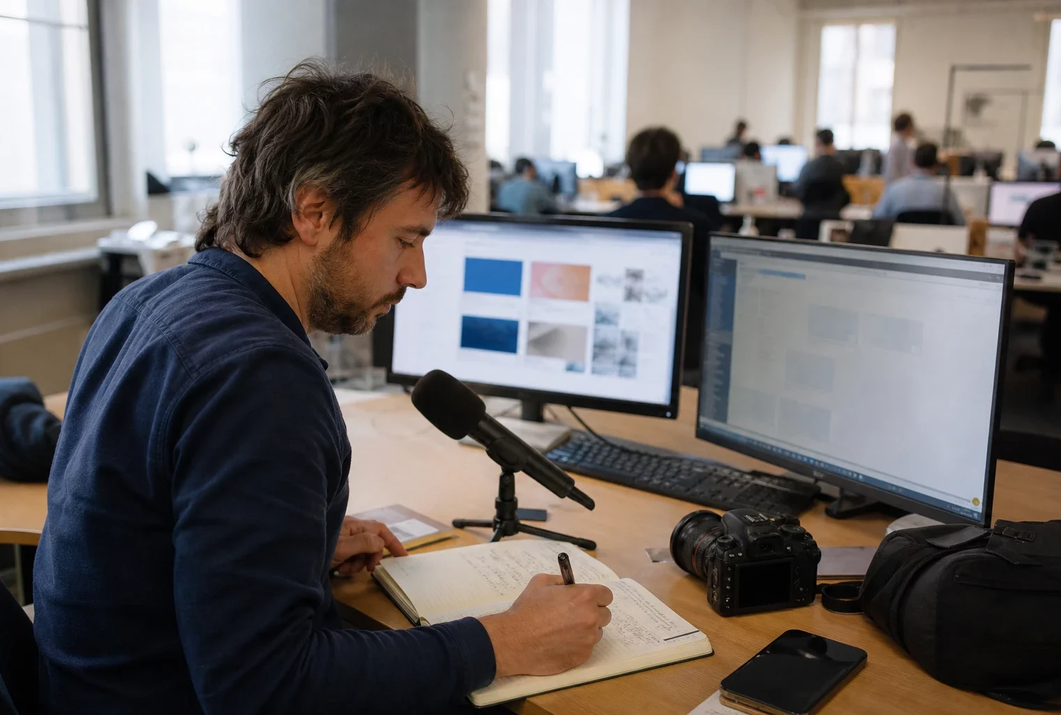 Journaliste dans une rédaction française préparant un sujet sur une enquête pour propos haineux, avec écran abstrait et micro sans logo