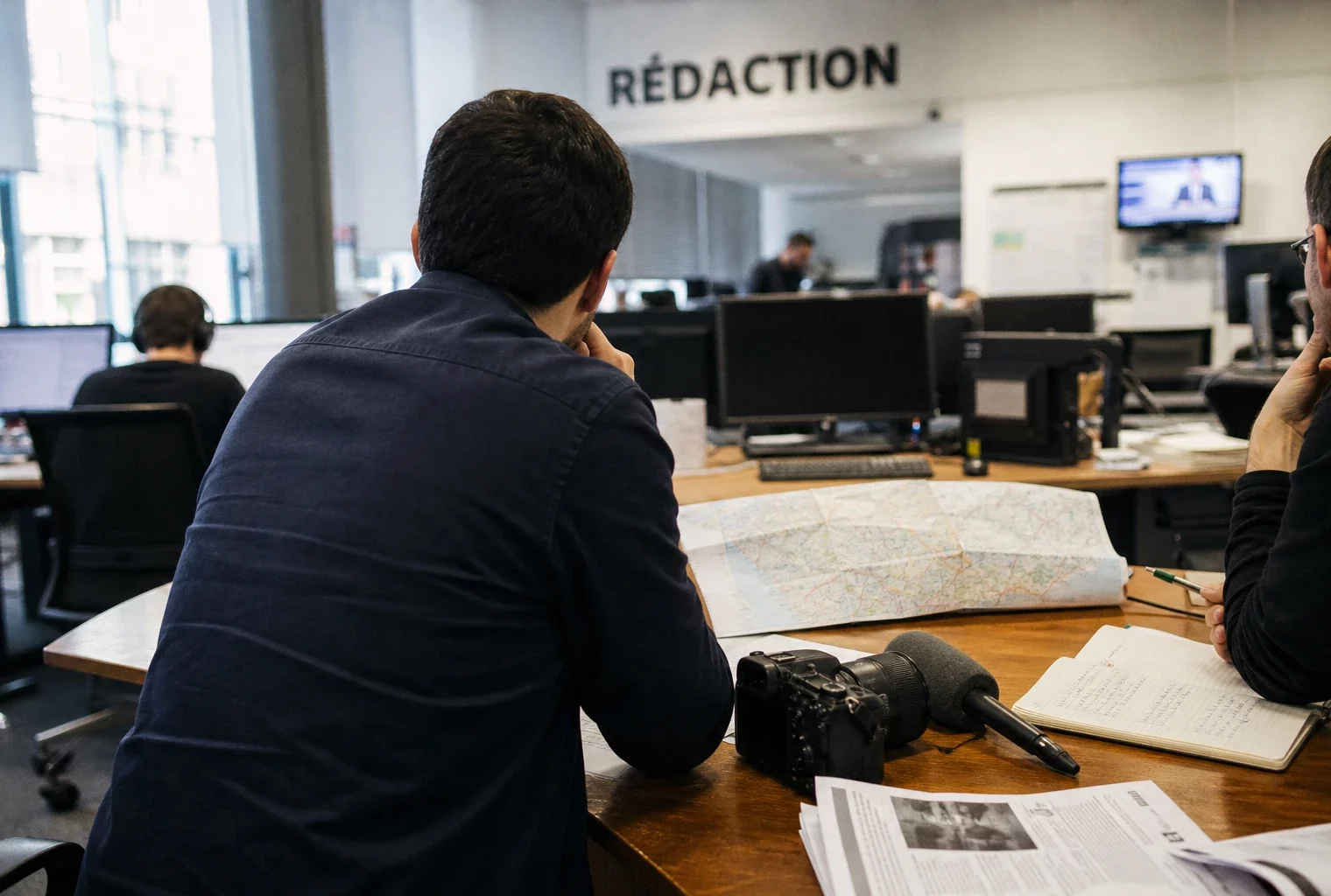 Journaliste en rédaction préparant un sujet sur la présidentielle 2027, avec micro, carnet et carte floue.