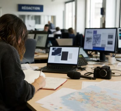 Journaliste en rédaction préparant un sujet politique avec carnet, micro sans logo et écrans flous.