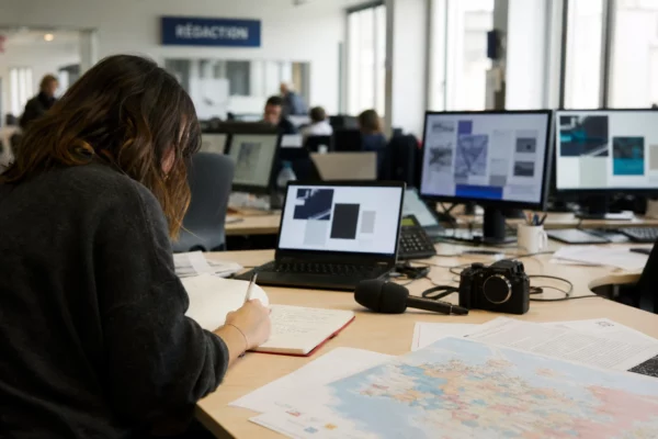 Journaliste en rédaction préparant un sujet politique avec carnet, micro sans logo et écrans flous.