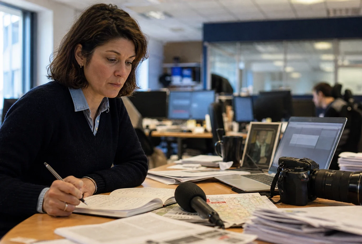 Journaliste en rédaction préparant un sujet territorial avec carnet, micro et carte floue, lumière naturelle claire.