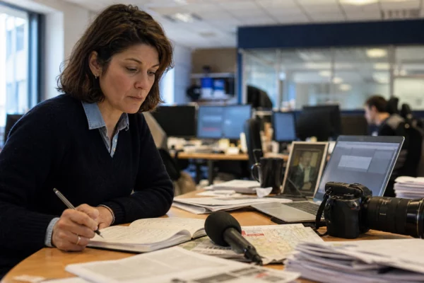 Journaliste en rédaction préparant un sujet territorial avec carnet, micro et carte floue, lumière naturelle claire.