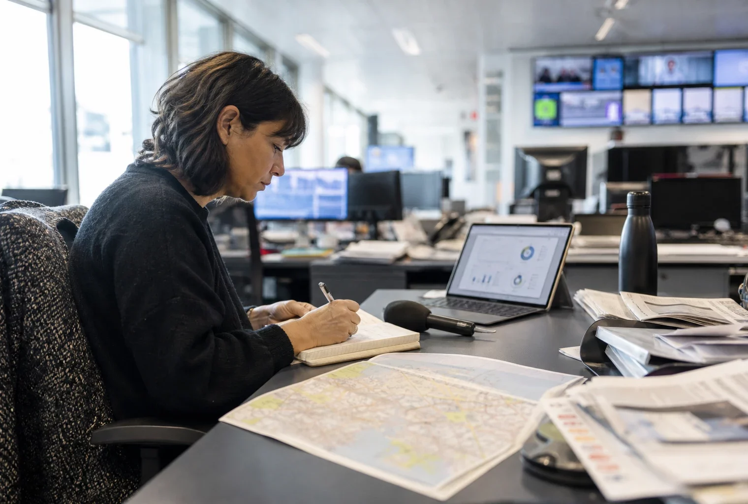 Journaliste en rédaction préparant un sujet territorial avec carnet, micro sans logo et écrans flous.
