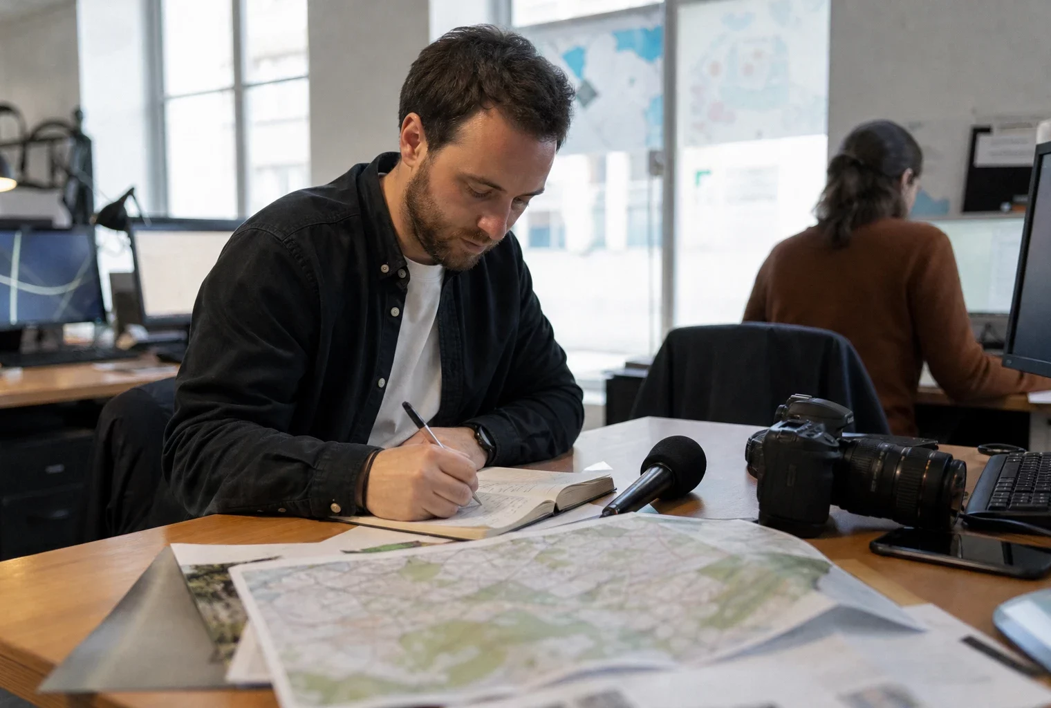 Journaliste en rédaction préparant un sujet territorial avec carnet, carte floue et micro, sous une lumière naturelle claire.