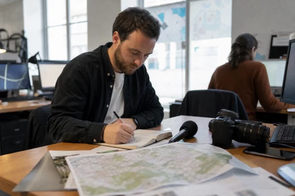 Journaliste en rédaction préparant un sujet territorial avec carnet, carte floue et micro, sous une lumière naturelle claire.