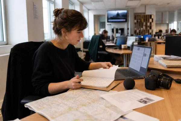 Journaliste en rédaction préparant un sujet politique, avec carnet, micro sans logo et carte papier floue.