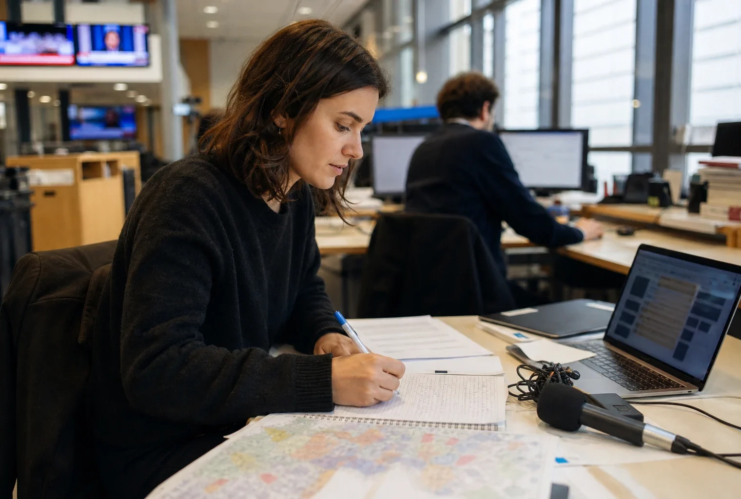 Journaliste en rédaction préparant un sujet politique, avec carnet, micro sans logo et écran flou sous une lumière claire.
