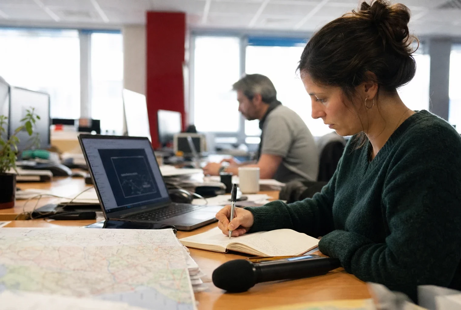 Journaliste en rédaction locale préparant un sujet politique territorial avec carnet, micro sans logo et écran flou.