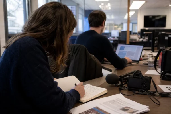 Journalistes dans une rédaction française préparant un sujet sur la justice et les institutions, avec micro et écran flous.