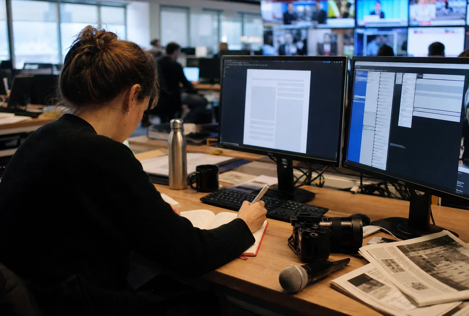 Journaliste dans une rédaction française préparant un sujet sur la justice, avec micro, carnet et écrans flous.