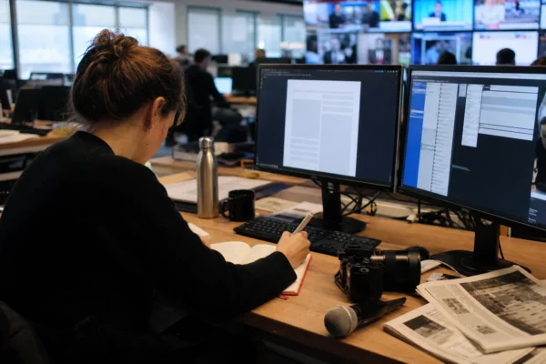 Journaliste dans une rédaction française préparant un sujet sur la justice, avec micro, carnet et écrans flous.