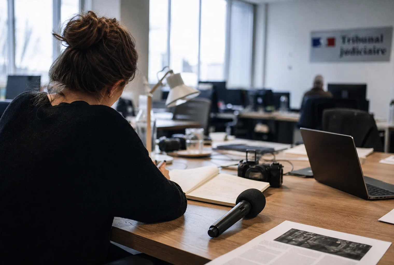 Journaliste en rédaction préparant un sujet de justice, micro sans logo et écrans flous à l’arrière-plan.