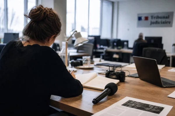 Journaliste en rédaction préparant un sujet de justice, micro sans logo et écrans flous à l’arrière-plan.
