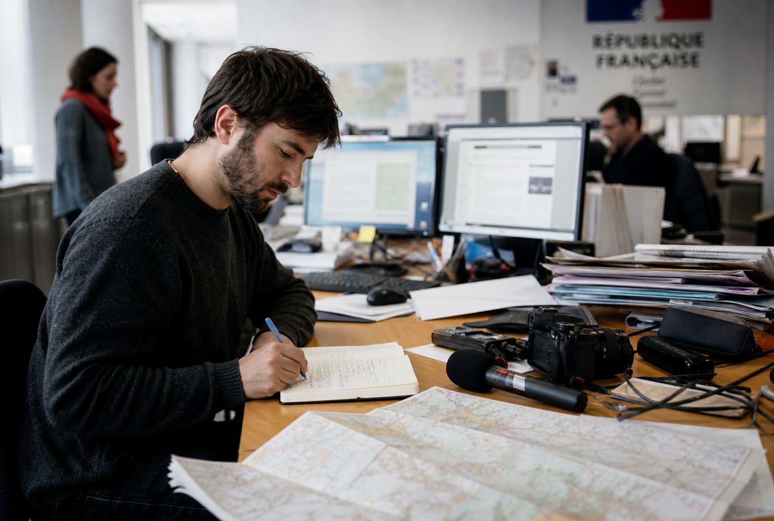Journaliste en rédaction préparant un sujet international avec carnet, micro et écrans flous, lumière naturelle.
