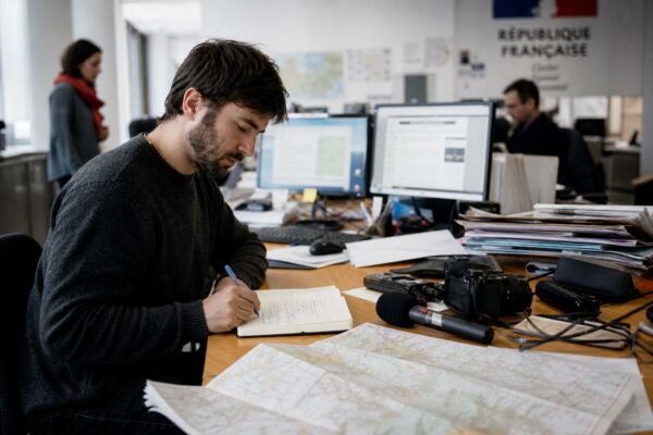 Journaliste en rédaction préparant un sujet international avec carnet, micro et écrans flous, lumière naturelle.