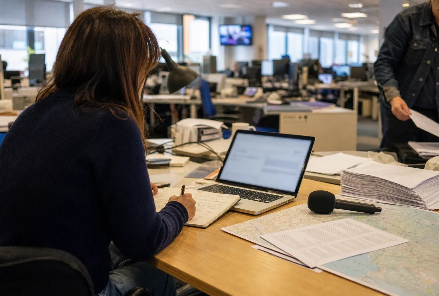Journaliste en rédaction locale préparant un sujet territorial avec carnet, carte floue et micro sans logo.