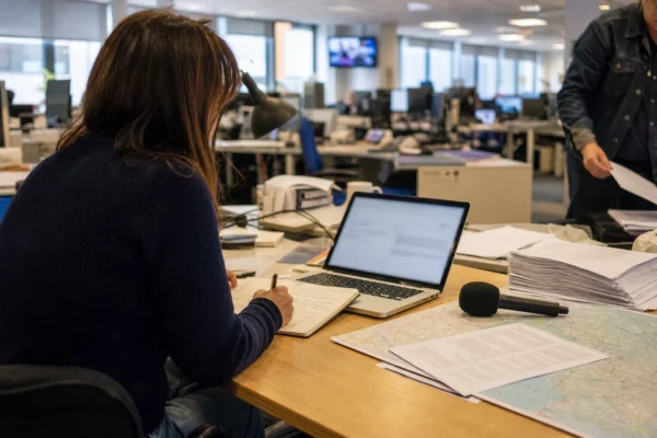 Journaliste en rédaction locale préparant un sujet territorial avec carnet, carte floue et micro sans logo.