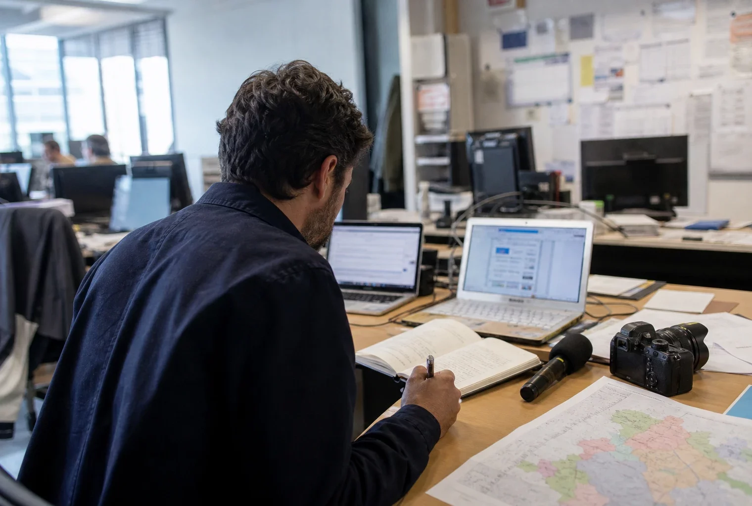 Journaliste préparant une analyse de la présidentielle dans une rédaction locale française, avec carnet, micro et écrans flous.