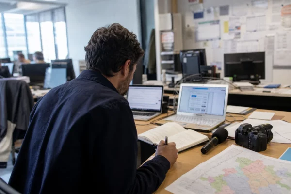 Journaliste préparant une analyse de la présidentielle dans une rédaction locale française, avec carnet, micro et écrans flous.