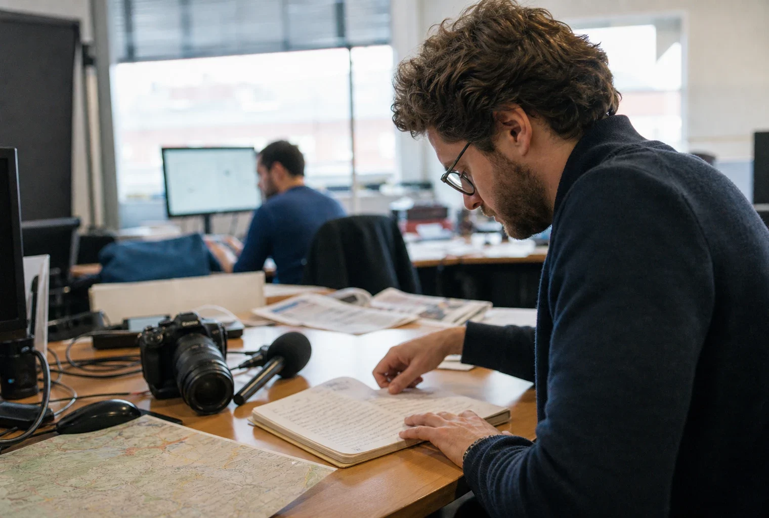 Journaliste dans une rédaction locale préparant un sujet sportif, avec carnet, micro et écrans flous.
