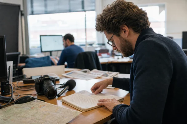 Journaliste dans une rédaction locale préparant un sujet sportif, avec carnet, micro et écrans flous.