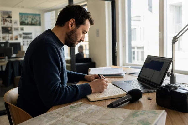 Journaliste en rédaction préparant une note politique avec carnet, micro sans logo et carte floue sur un bureau lumineux.