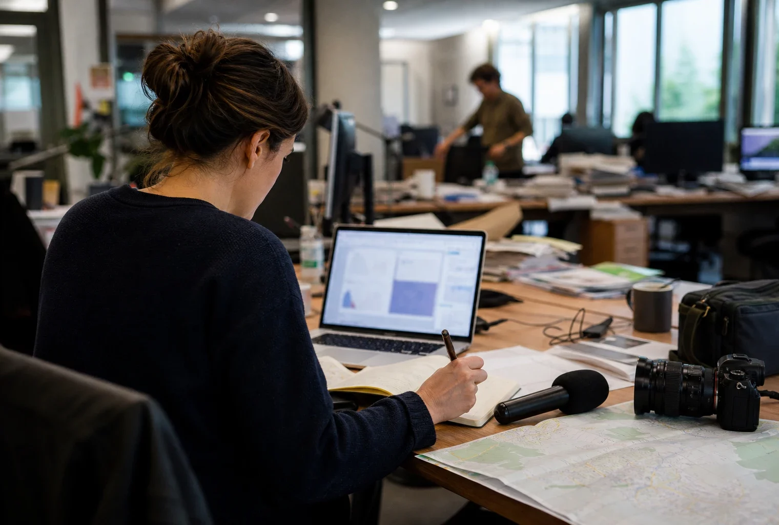 Journaliste préparant un sujet sur la canicule dans une rédaction locale, avec carnet, micro et écrans flous.