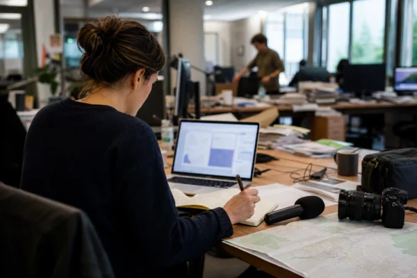 Journaliste préparant un sujet sur la canicule dans une rédaction locale, avec carnet, micro et écrans flous.