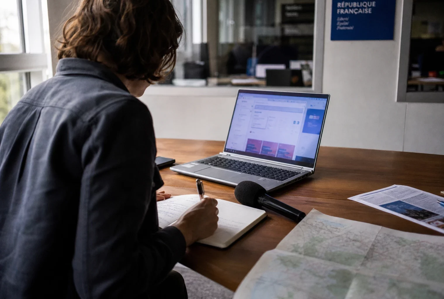 Journaliste en rédaction préparant un sujet sur la canicule, avec carnet, micro et documents flous sur un bureau.