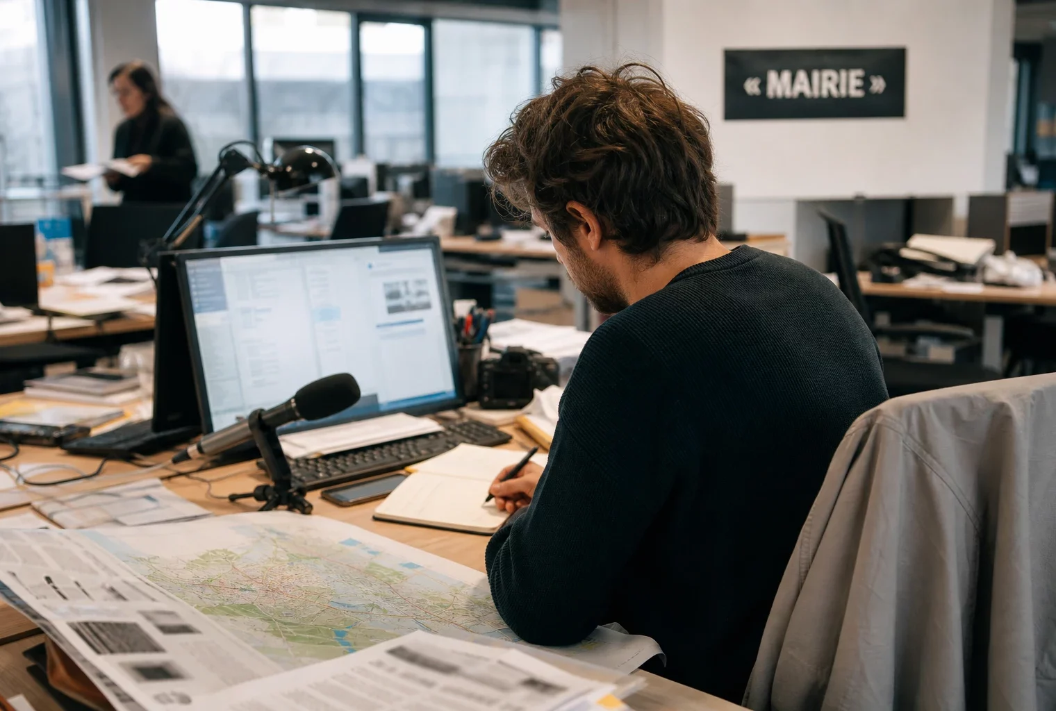 Journaliste en rédaction préparant un sujet politique avec carnet, micro sans logo et écrans flous en lumière naturelle.