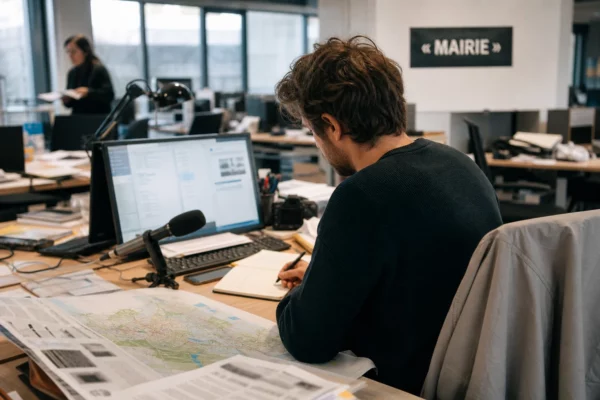 Journaliste en rédaction préparant un sujet politique avec carnet, micro sans logo et écrans flous en lumière naturelle.