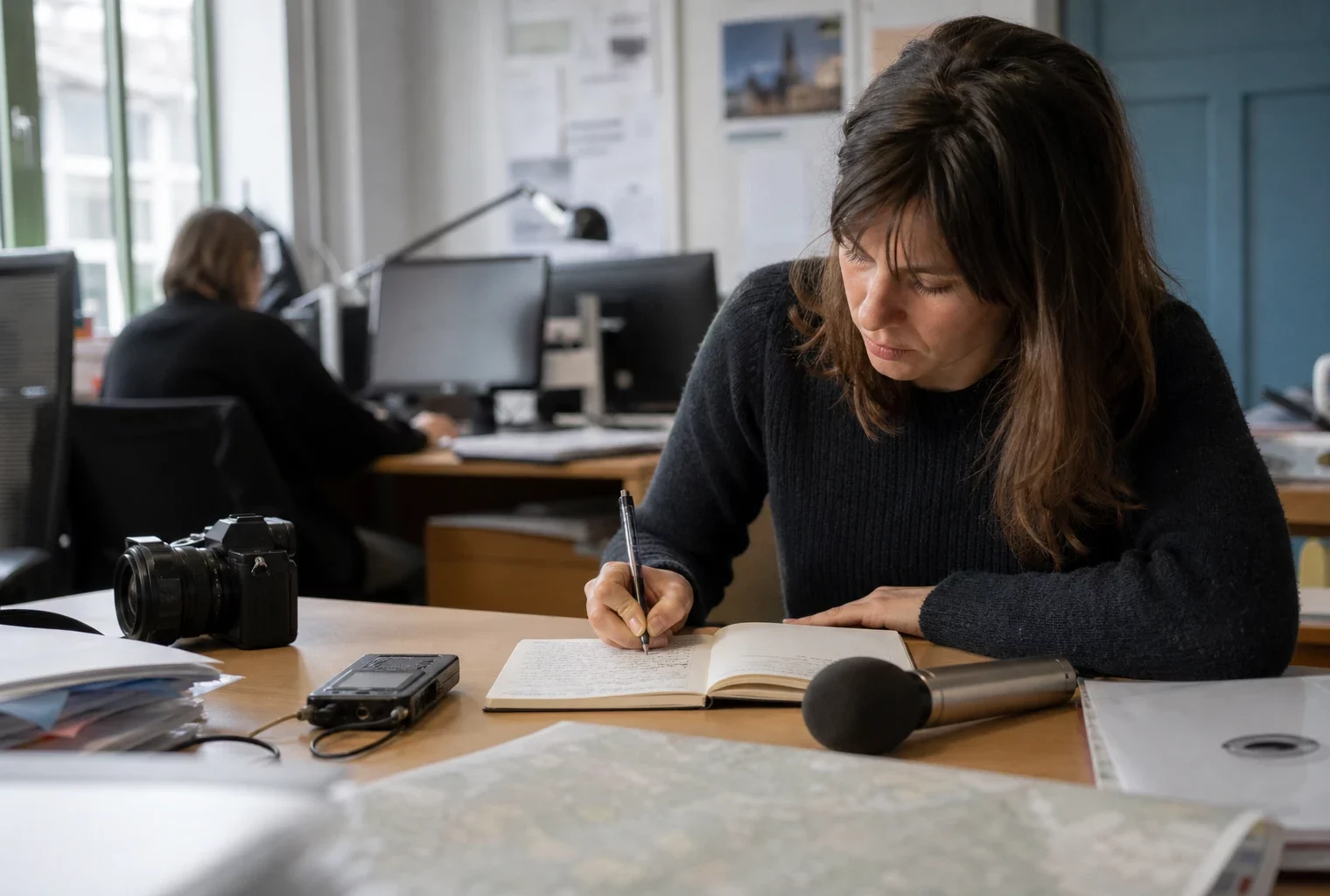 Journaliste en rédaction préparant un sujet local avec carnet, micro sans logo et carte papier floue.