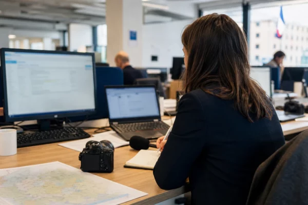 Journaliste préparant un sujet territorial dans une rédaction locale, avec carnet, micro et écrans flous sous lumière naturelle.