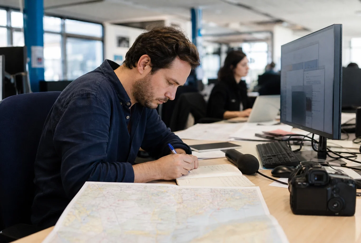 Journaliste en rédaction locale préparant un sujet territorial avec carnet, micro et écran flou.