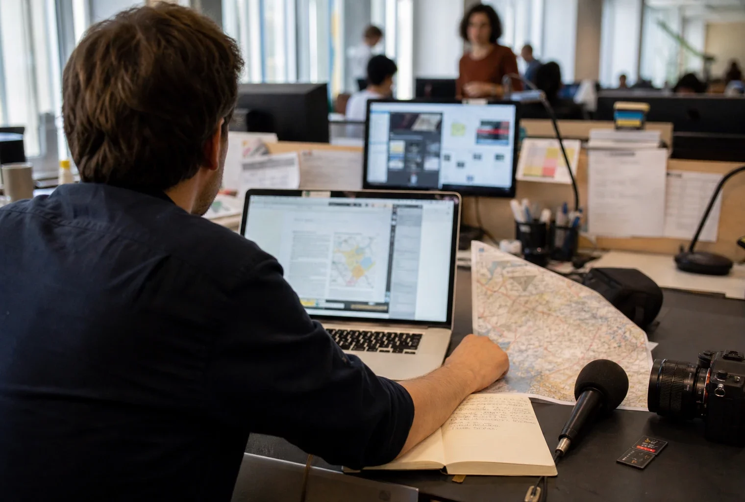 Journaliste en rédaction locale préparant un sujet politique, avec carnet, micro sans logo et carte floue sur le bureau.