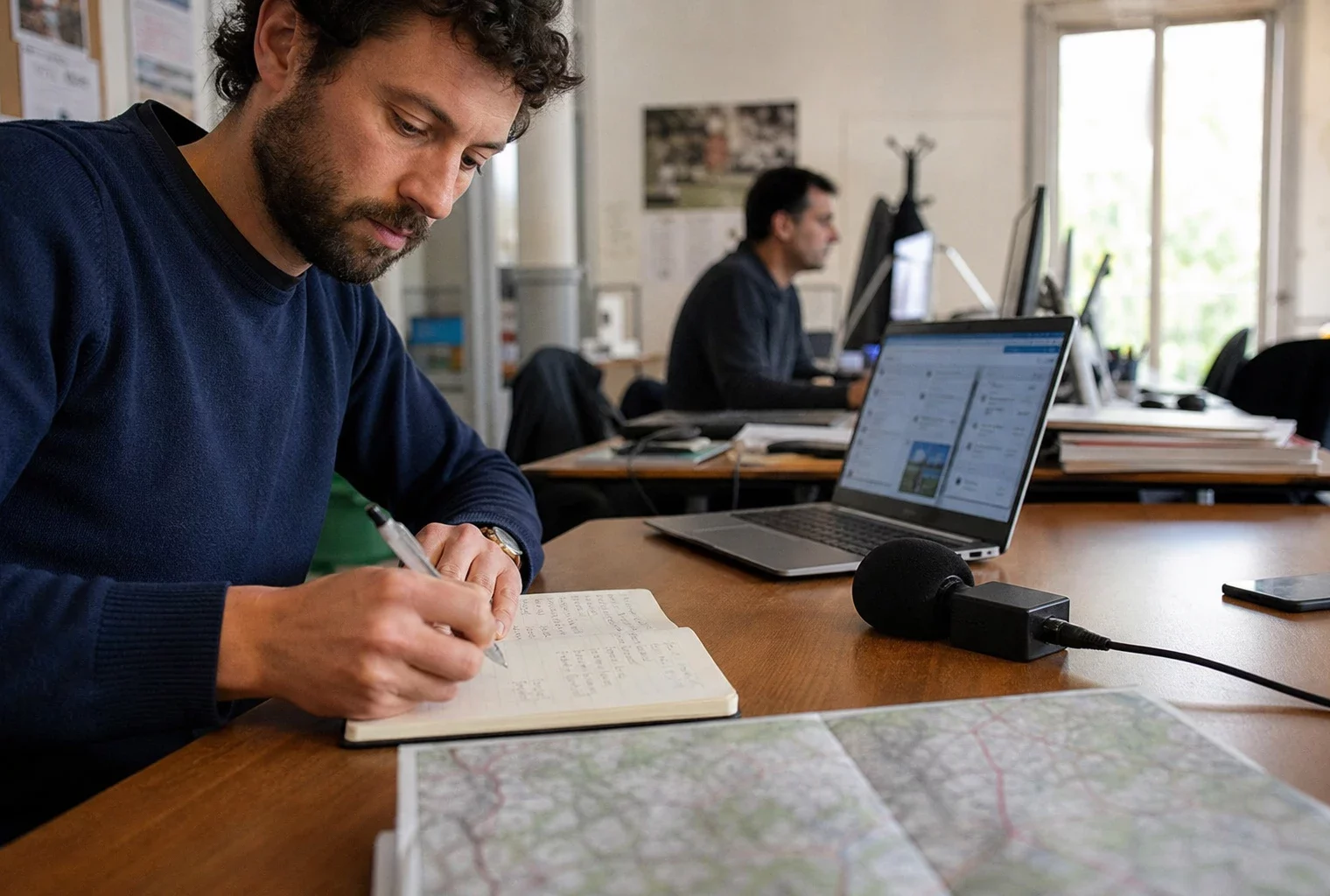 Journaliste en rédaction locale préparant un sujet politique avec carnet, micro et carte floue