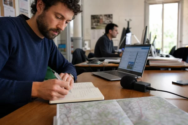 Journaliste en rédaction locale préparant un sujet politique avec carnet, micro et carte floue